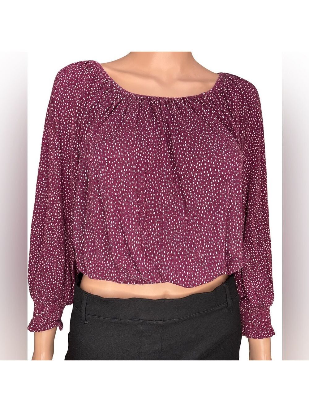 Express One Eleven Maroon Scoop Neck Smocked Band Hem Blouse with White Dots XS